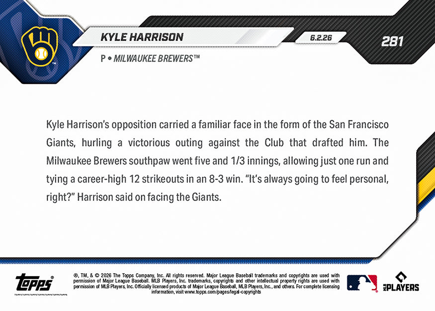 Kyle Harrison - 2026 MLB Topps NOW - Card 281 - PR: 565 - Image 2