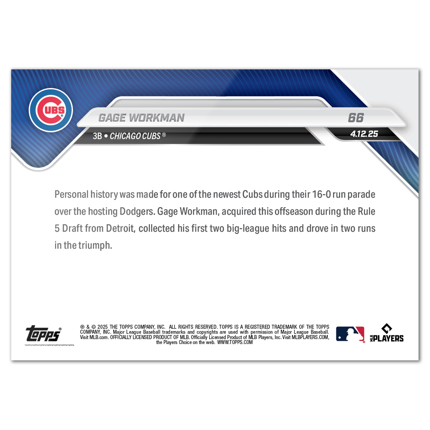 Gage Workman - 2025 MLB Topps NOW - Card 66 - PR: 847 - Image 2