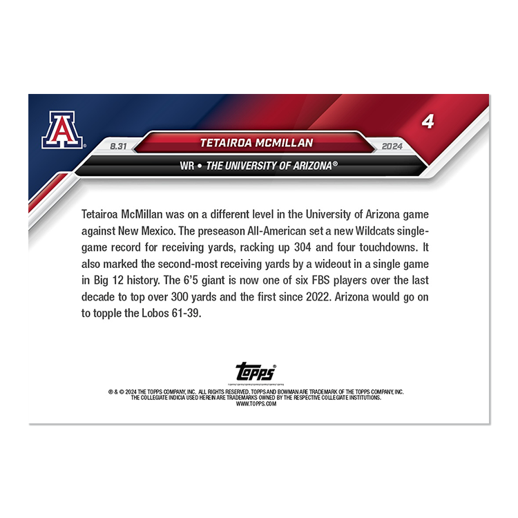 Tetairoa McMillan - 2024 Bowman U NOW Football Card 4 - PR: 976 - Image 2