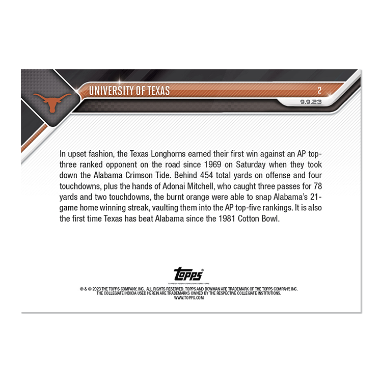 Alternative view of University of Texas - 2023 Bowman U NOW Football Card 2 - PR: 768