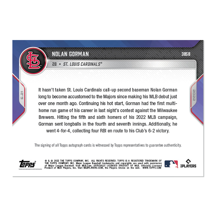 On-Card Auto # to 49 - Nolan Gorman - 2022 MLB TOPPS NOW Card 385B - Image 2