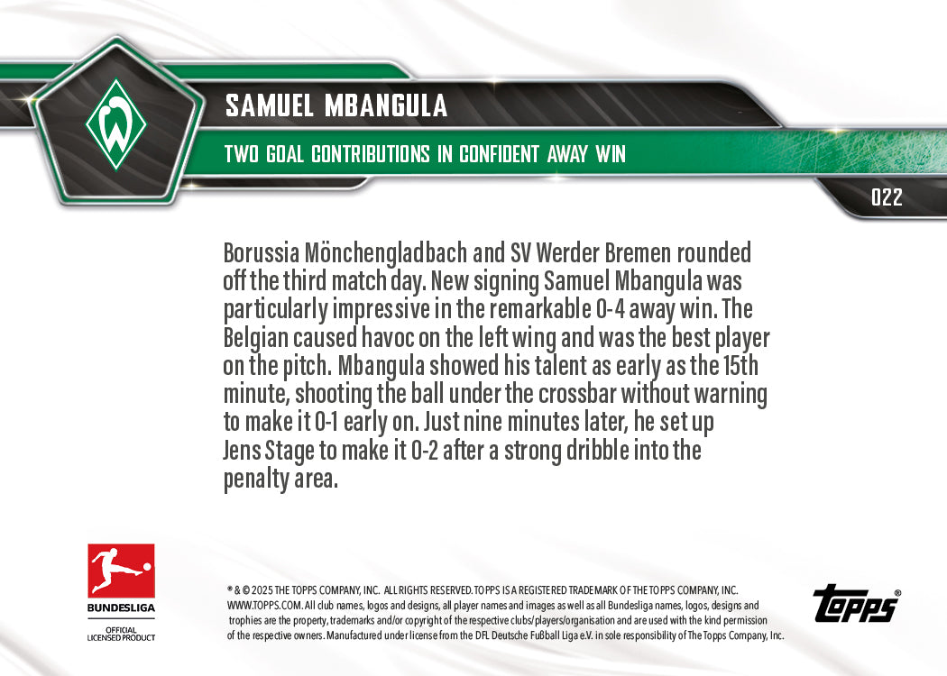 Samuel Mbangula - 2025-26 Bundesliga Topps NOW - Card 22 - PR: 326 - Image 7
