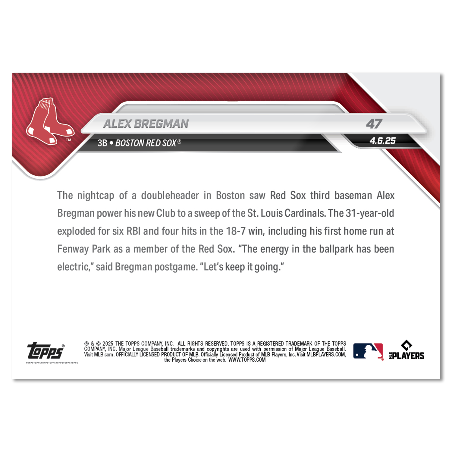Alternative view of Alex Bregman - 2025 MLB Topps NOW - Card 47 - PR: 430