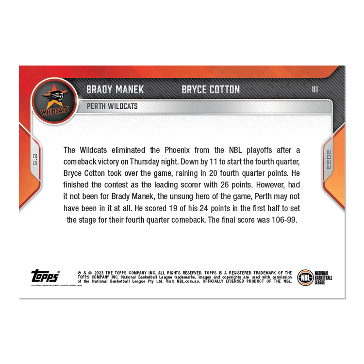 Alternative view of Brady Manek/Bryce Cotton - 2022-23 NBL TOPPS NOW Card 111 - PR: 67