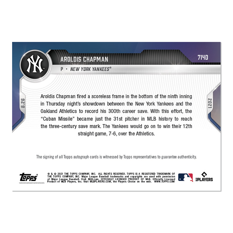 On-Card Auto # to 10 - Aroldis Chapman - 2021 MLB TOPPS NOW Card 714D - Image 2