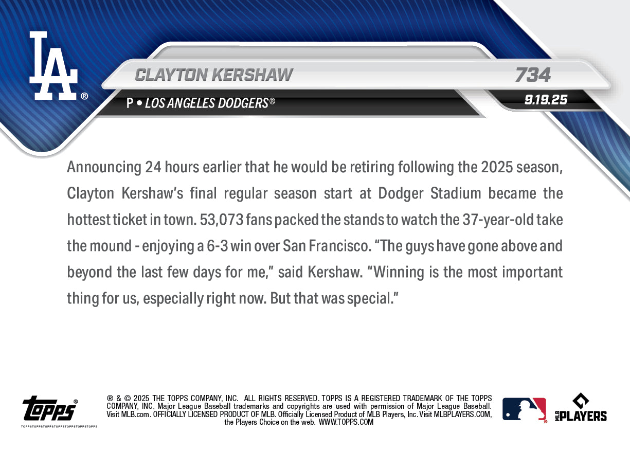 Clayton Kershaw - 2025 MLB Topps NOW - Card 734 - LOOK FOR AUTOS - PR: 31753 - Image 4