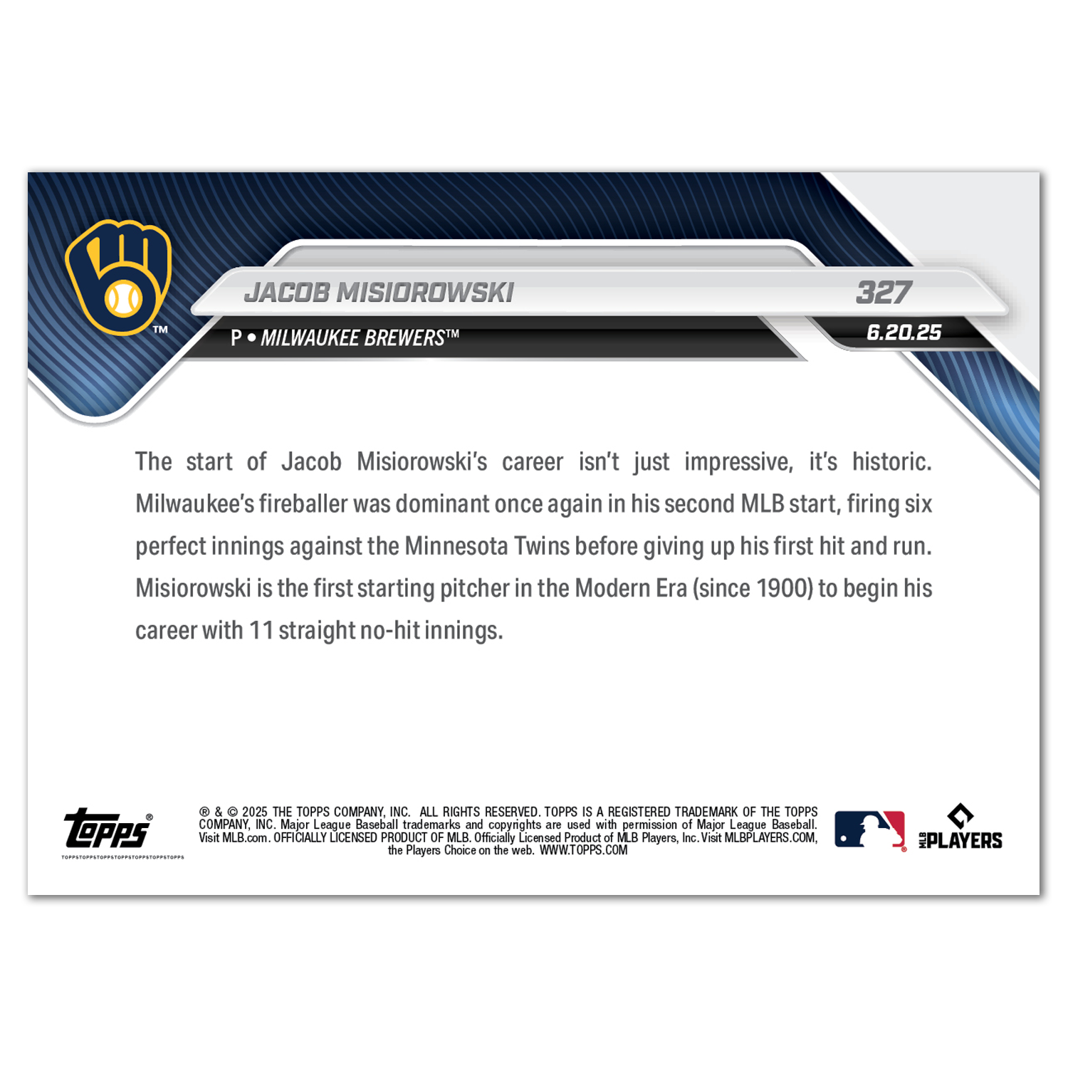 Jacob Misiorowski - 2025 MLB Topps NOW - Card 327 - PR: 3247 - Image 2