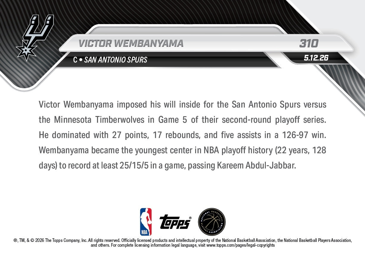 Victor Wembanyama - 2025-26 NBA Topps NOW - Card 310 - PR: 3511 - Image 2