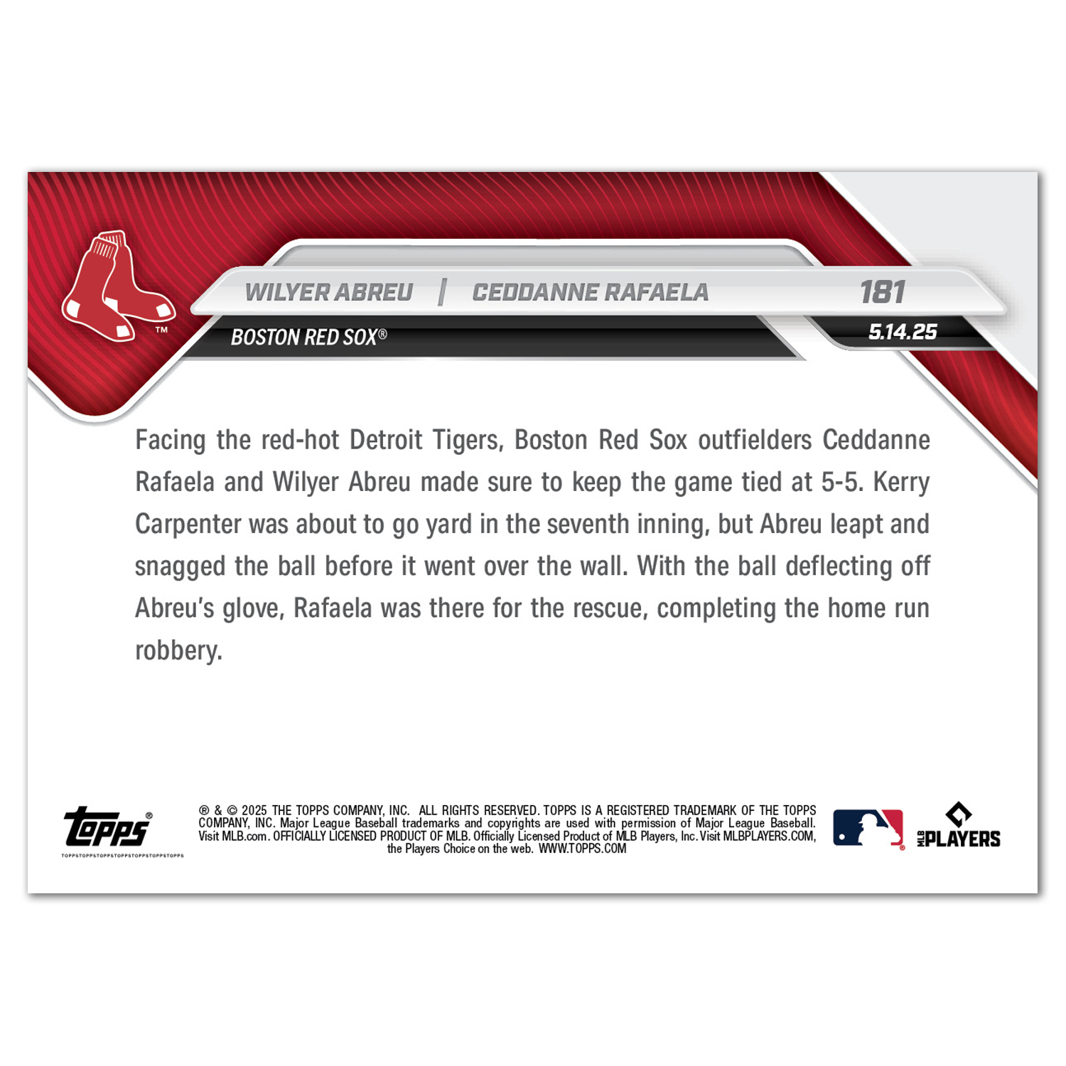 Alternative view of Wilyer Abreu / Ceddanne Rafaela - 2025 MLB Topps NOW - Card 181 - PR: 830