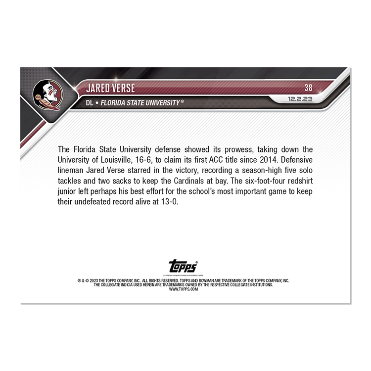 Jared Verse - 2023 Bowman U NOW Football Card 38 - PR: 546 - Image 2