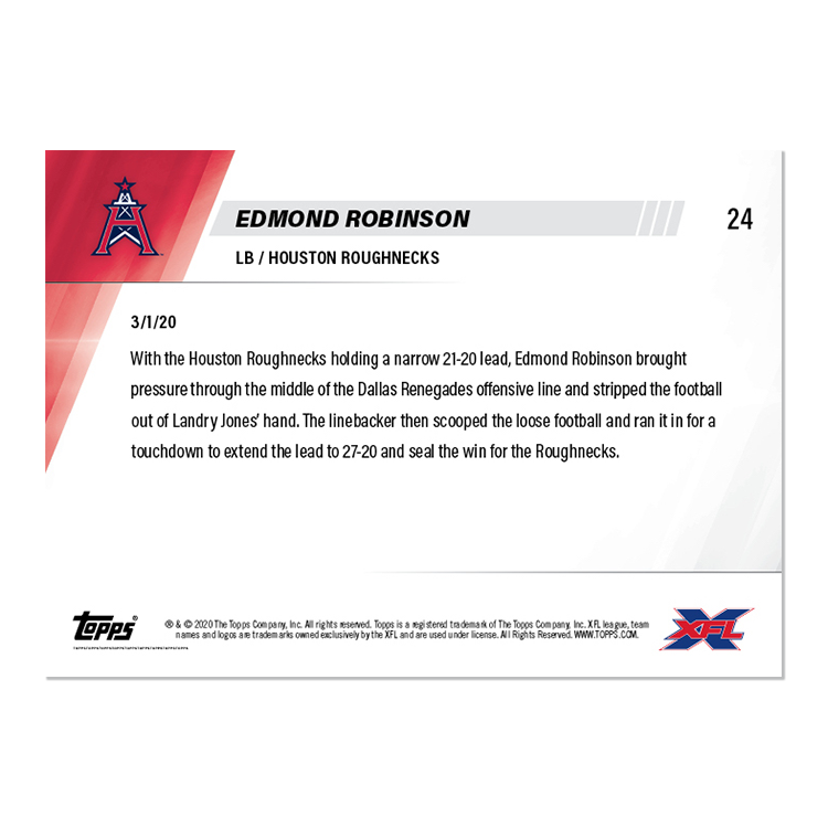 Edmond Robinson - XFL TOPPS NOW Card 24 - Print Run: 156 - Image 2