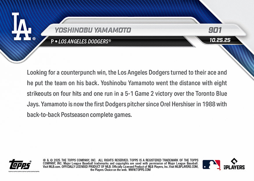 Yoshinobu Yamamoto - 2025 MLB Topps NOW - Card 901 - PR: 20555 - Image 3
