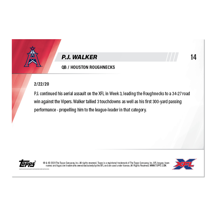 Alternative view of P.J. Walker - XFL TOPPS NOW Card 14 - Print Run: 259