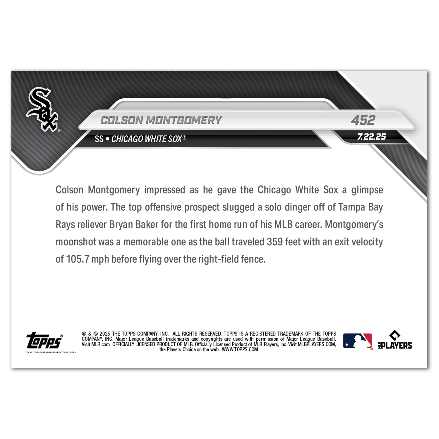 Colson Montgomery - 2025 MLB Topps NOW - Card 452 - PR: 896 - Image 2
