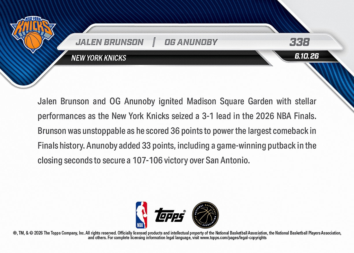 Jalen Brunson / OG Anunoby - 2025-26 NBA Topps NOW - Card 338 - PR: 20807 - Image 3