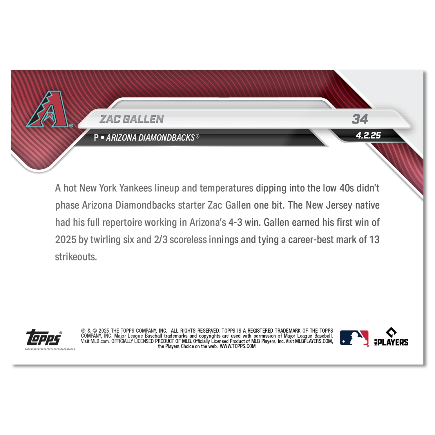 Alternative view of Zac Gallen - 2025 MLB Topps NOW - Card 34 - PR: 430