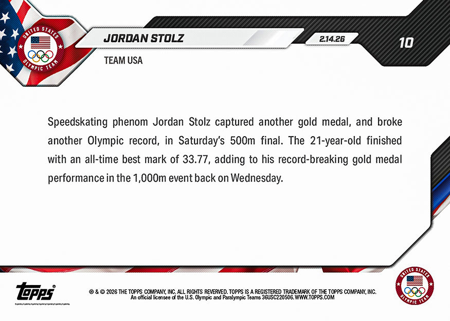 Jordan Stolz - 2026 Olympics Topps NOW - Card 10 - PR: 1247 - Image 2
