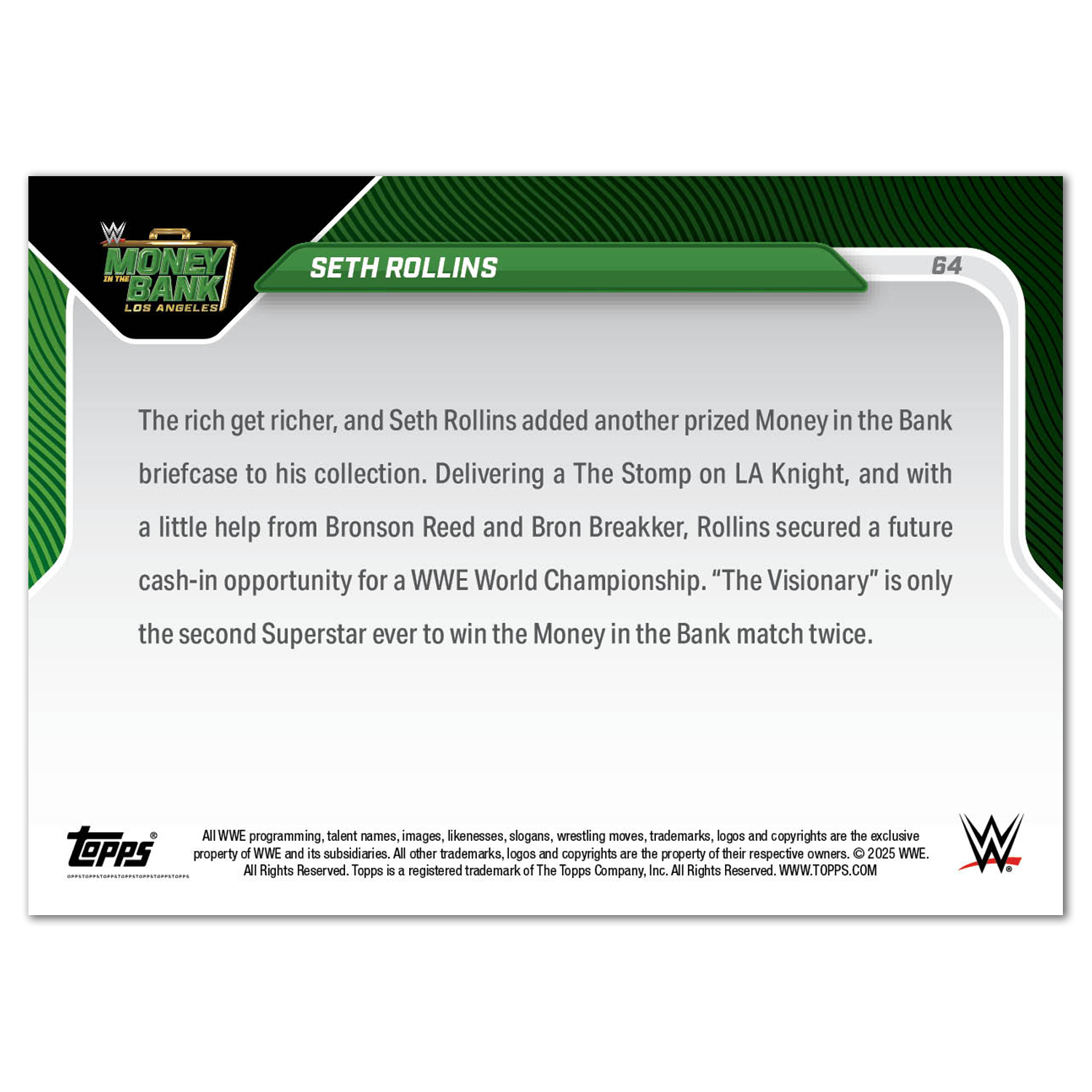 Alternative view of Seth Rollins - 2025 WWE Topps NOW - Card 64 - PR: 1054
