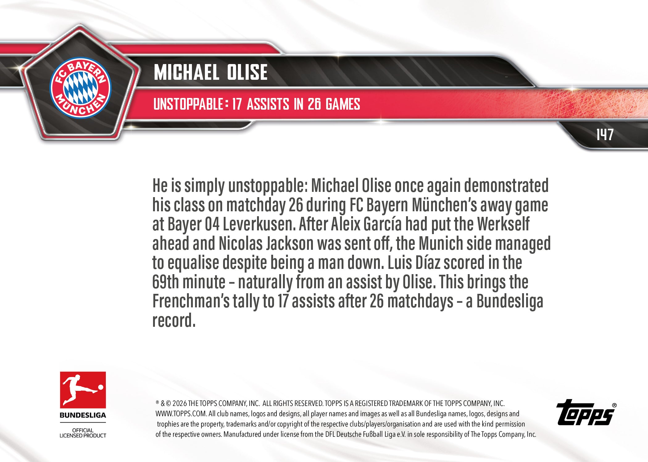 Michael Olise - 2025-26 Bundesliga Topps NOW - Card 147 - PR:740 - Image 7