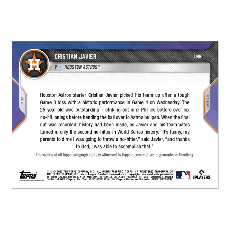 On-Card Auto # to 25 - Cristian Javier - 2022 MLB TOPPS NOW Card 1149C - Image 2
