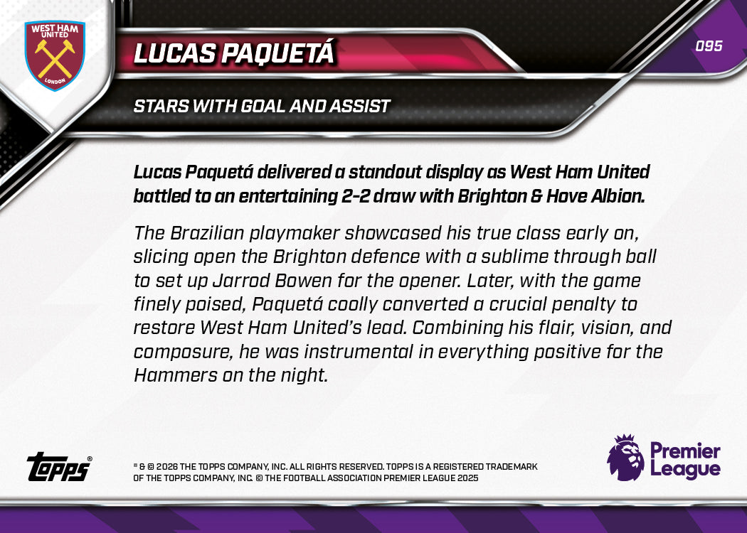 Lucas Paquetá - 2025-26 Premier League Topps NOW - Card 95 - PR: 215 - Image 7