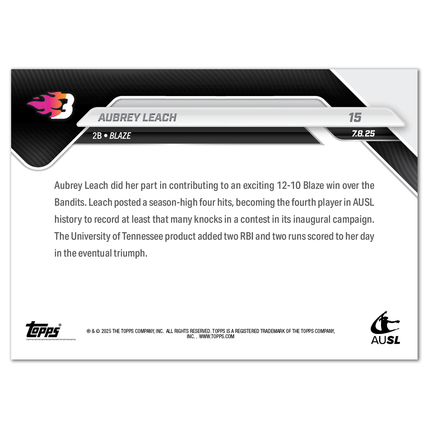 Aubrey Leach - 2025 AUSL Topps NOW - Card 14 - PR: 612 - Image 2