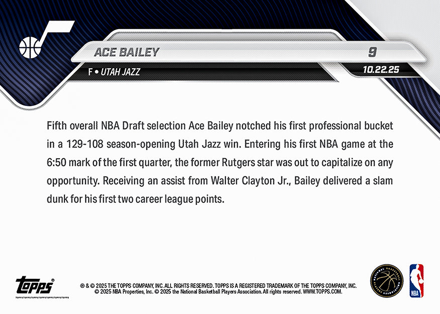 Ace Bailey - 2025-26 NBA Topps NOW - Card 9 - PR: 2453 - Image 3