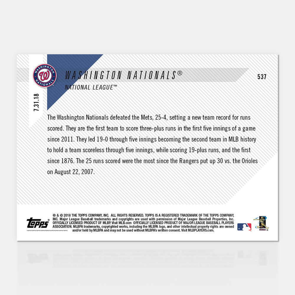 Alternative view of Washington Nationals - 07/31/2018 TOPPS NOW Card 537 - Print Run: 343