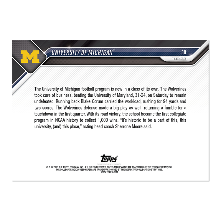 Alternative view of University of Michigan - 2023 Bowman U NOW Football Card 30 - PR: 1486