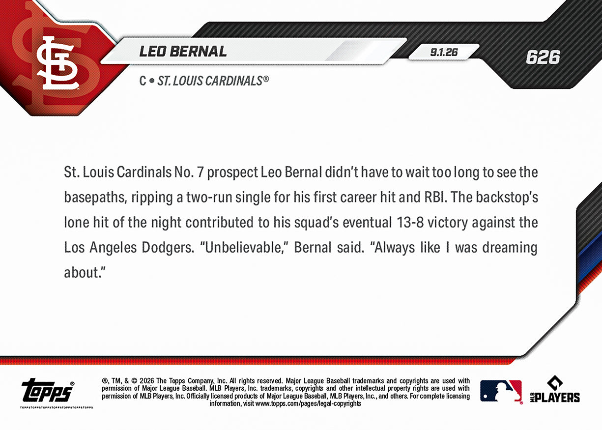 Leo Bernal - 2026 MLB Topps NOW - Card 626 - PR: 1489 - Image 2