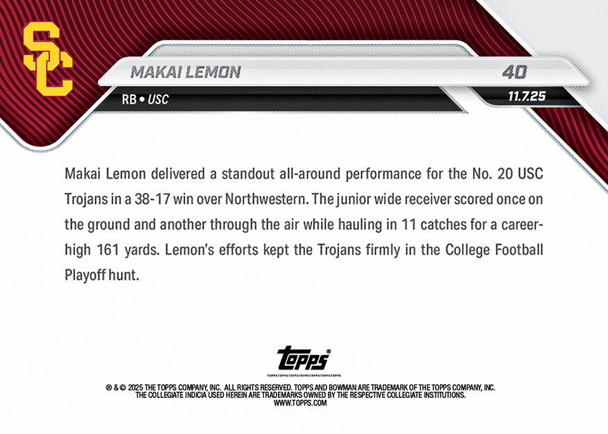 Makai Lemon - 2025-26 Bowman U NOW Football - Card 40 - PR: 261 - Image 2