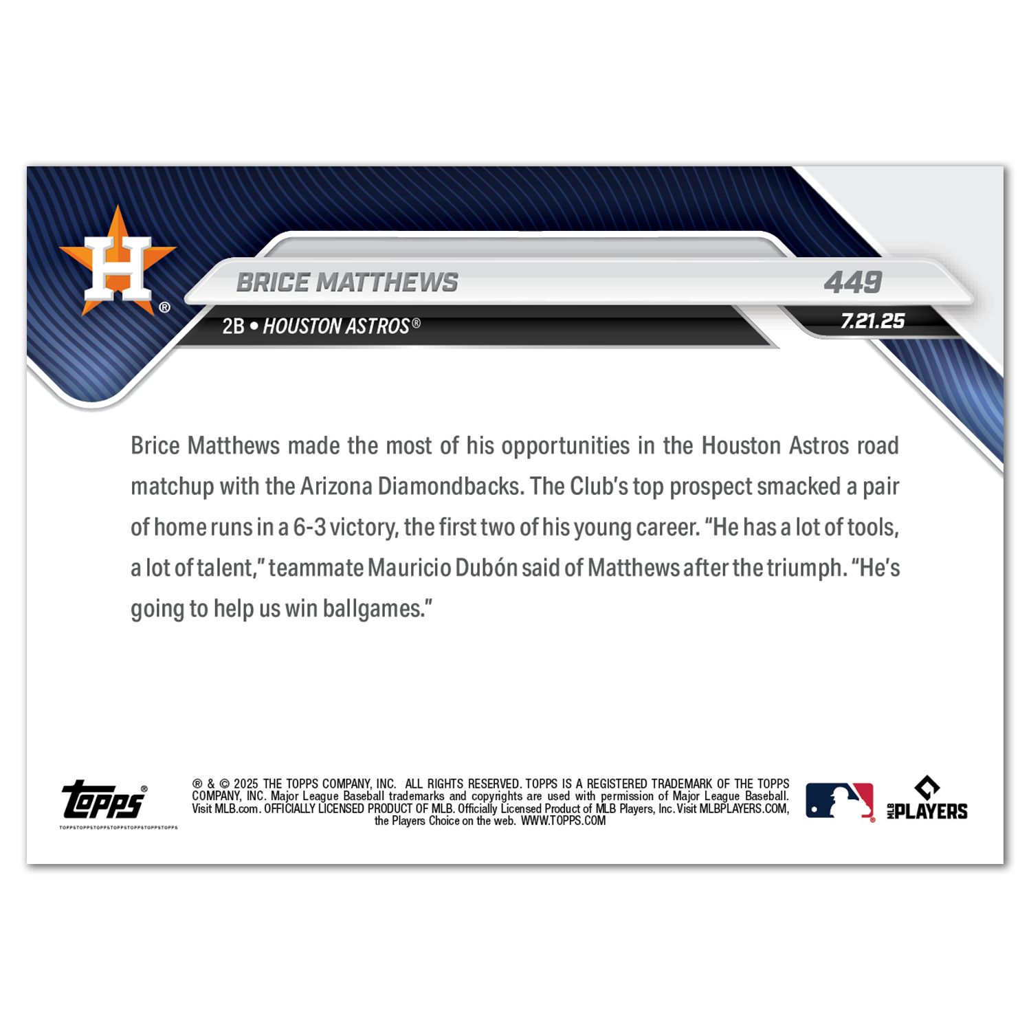 Brice Matthews - 2025 MLB Topps NOW - Card 449 - PR: 1852 - Image 2