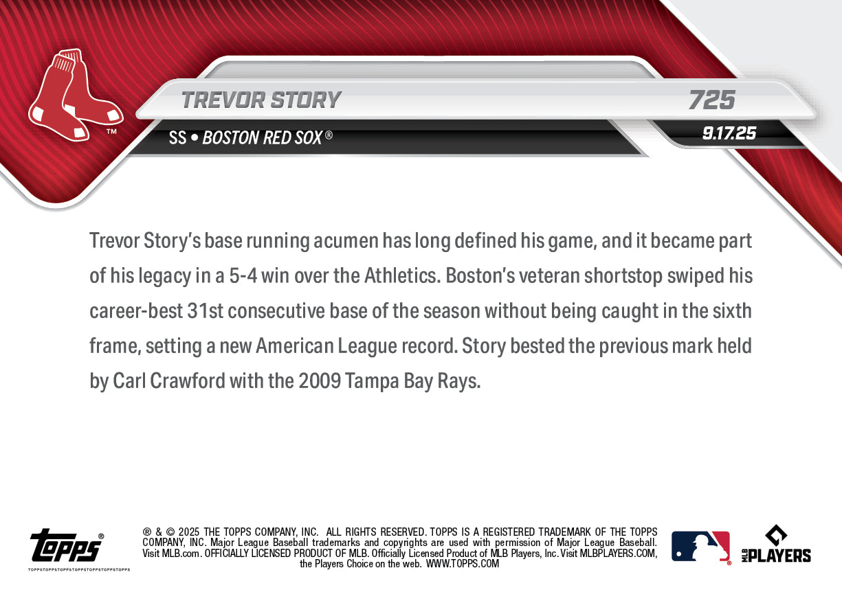 Alternative view of Trevor Story - 2025 MLB Topps NOW - Card 725 - PR: 749