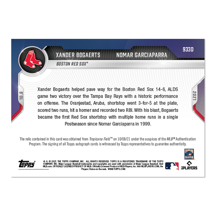 On-Card Auto-Relic # to 10 - Xander Bogaerts / Nomar Garciaparra - 2021 MLB TOPPS NOW Card 933D - Image 2