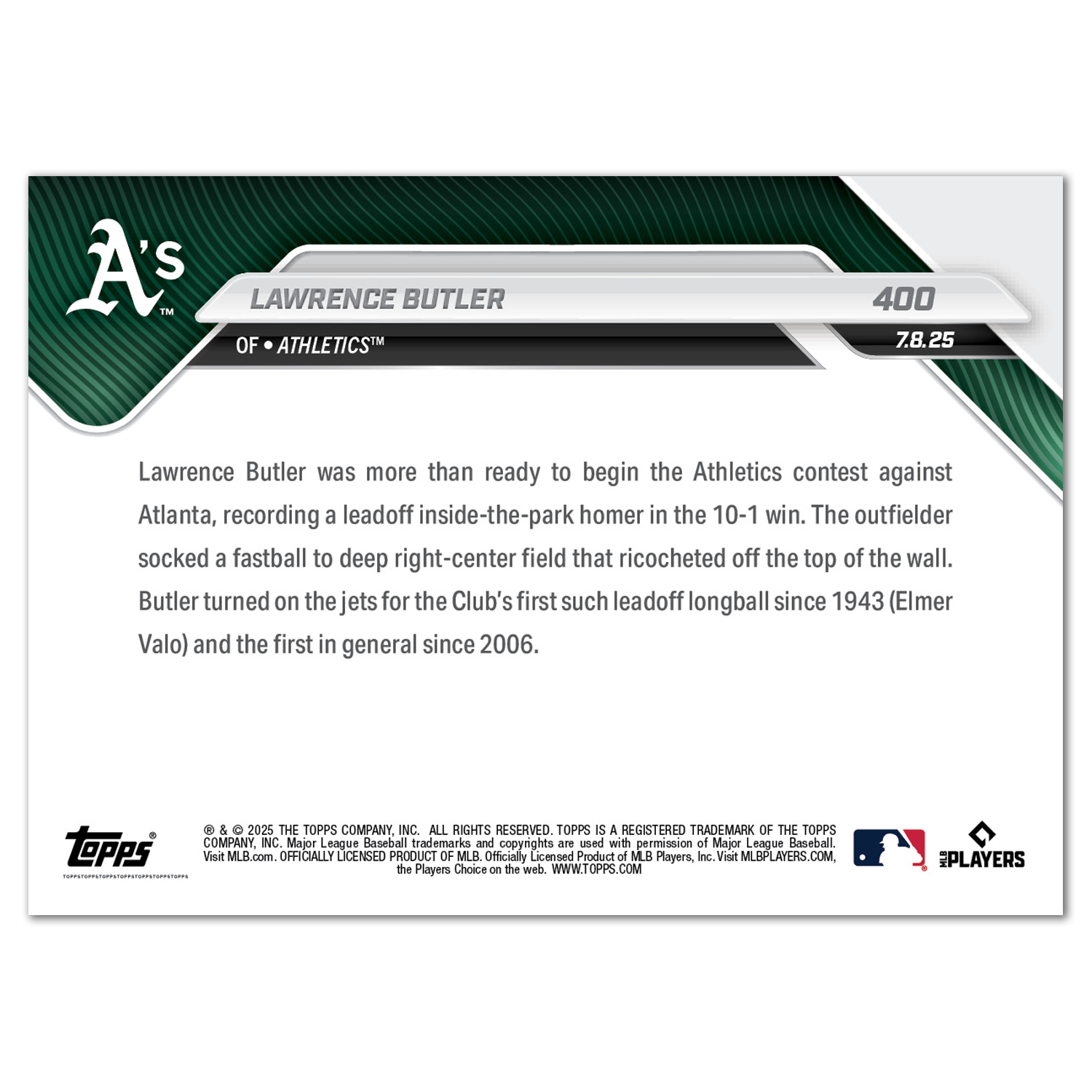 Lawrence Butler - 2025 MLB Topps NOW - Card 400 - PR: 419 - Image 2