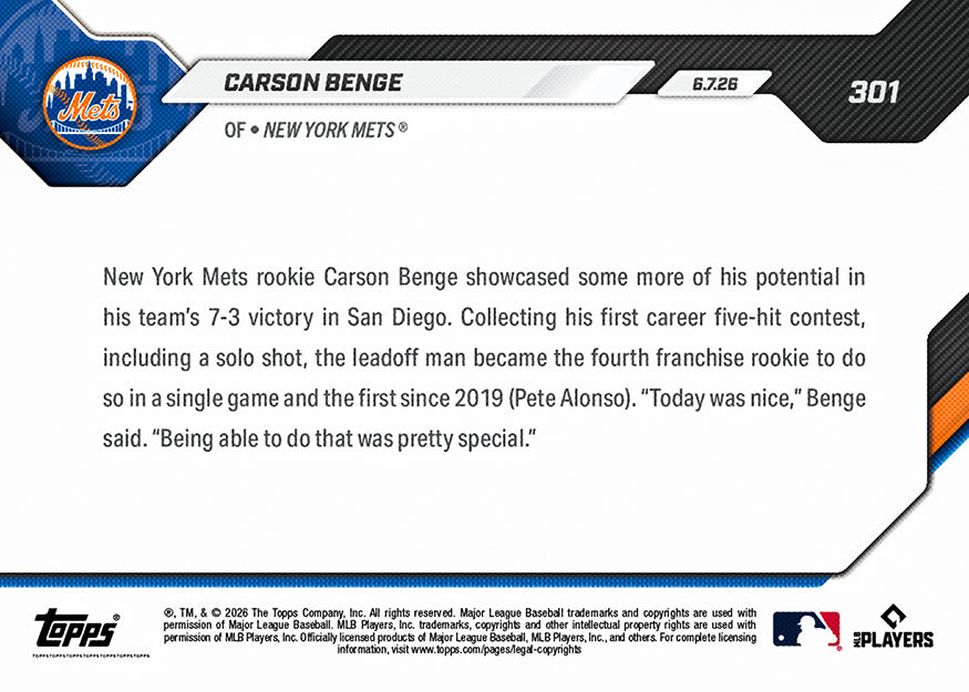 Carson Benge - 2026 MLB Topps NOW - Card 301 - PR: 1612 - Image 2