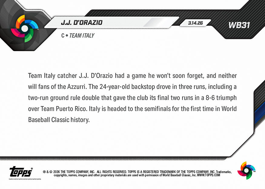 J.J. D'Orazio - 2026 World Baseball Classic Topps NOW - Card 31 - PR: 780 - Image 2
