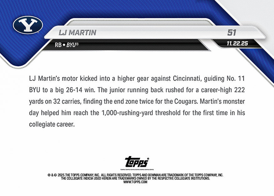 LJ Martin - 2025-26 Bowman U NOW Football - Card 51 - PR: 446 - Image 2