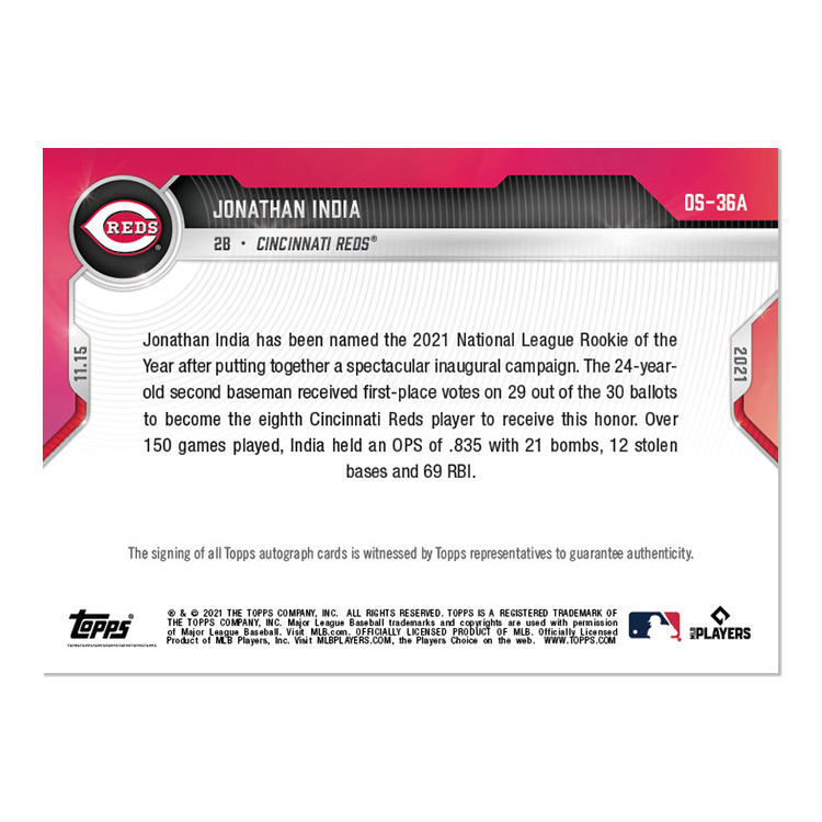 On-Card Auto # to 99 - Jonathan India - 2021 MLB TOPPS NOW Card OS-36A - Image 2