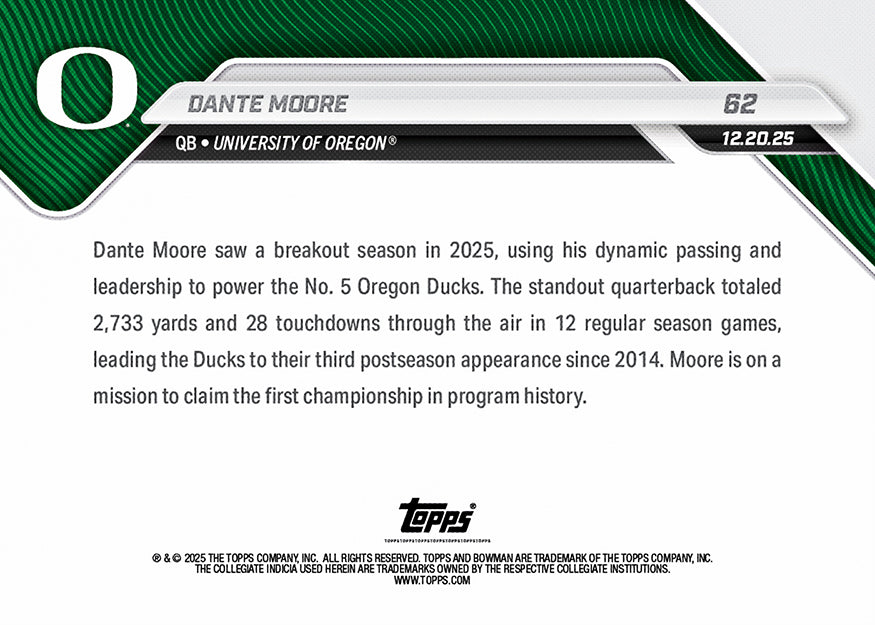 Dante Moore - 2025-26 Bowman U NOW Football - Card 62 - PR: 986 - Image 3