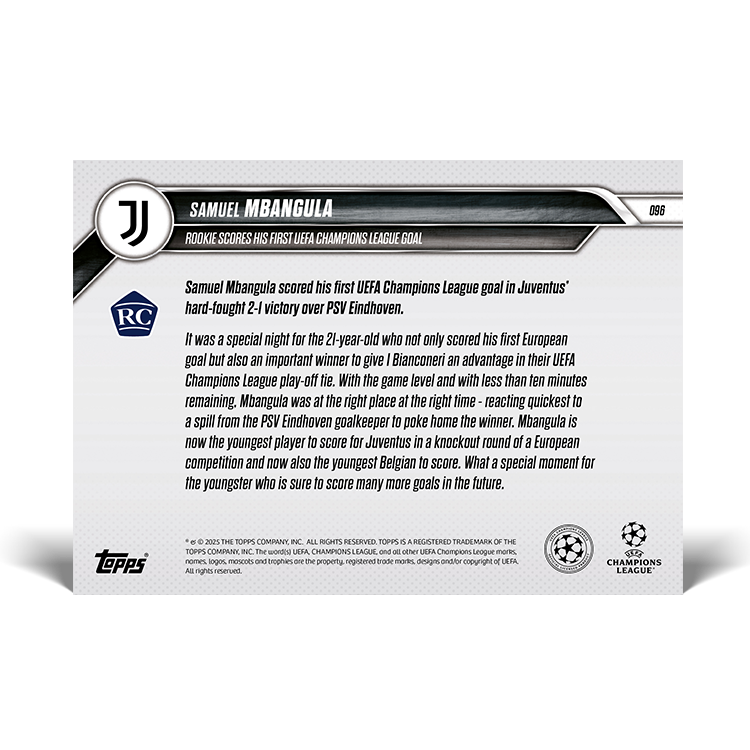 Samuel Mbangula - Rookie scores first UEFA Champions League goal - 24/25 UCL Topps NOW Card 96 - PR: 275 - Image 2