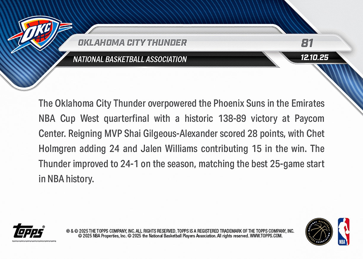 Oklahoma City Thunder - 2025-26 NBA Topps NOW - Card 81 - PR: 1807 - Image 2