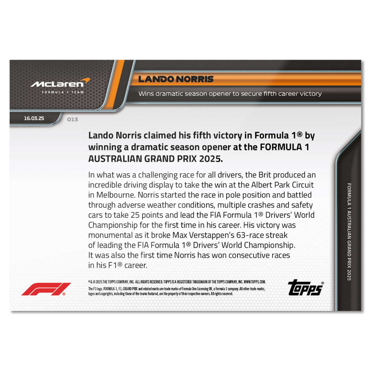 Lando Norris - 2025 Formula 1 Topps NOW Card 13 - LOOK FOR AUTOS - PR: 4192 - Image 3
