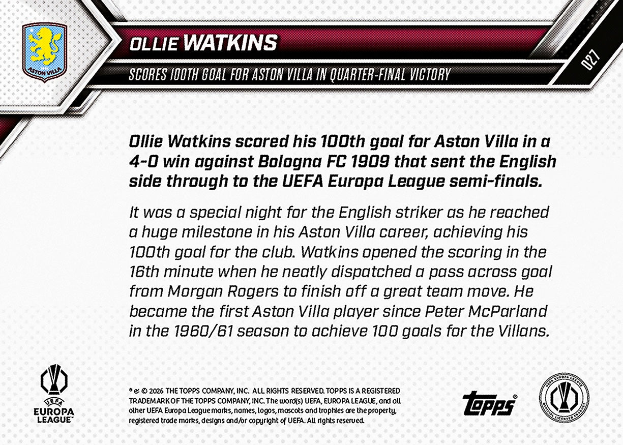 Ollie Watkins - 2025-26 UEL Topps NOW - Card 27 - PR: 378 - Image 8