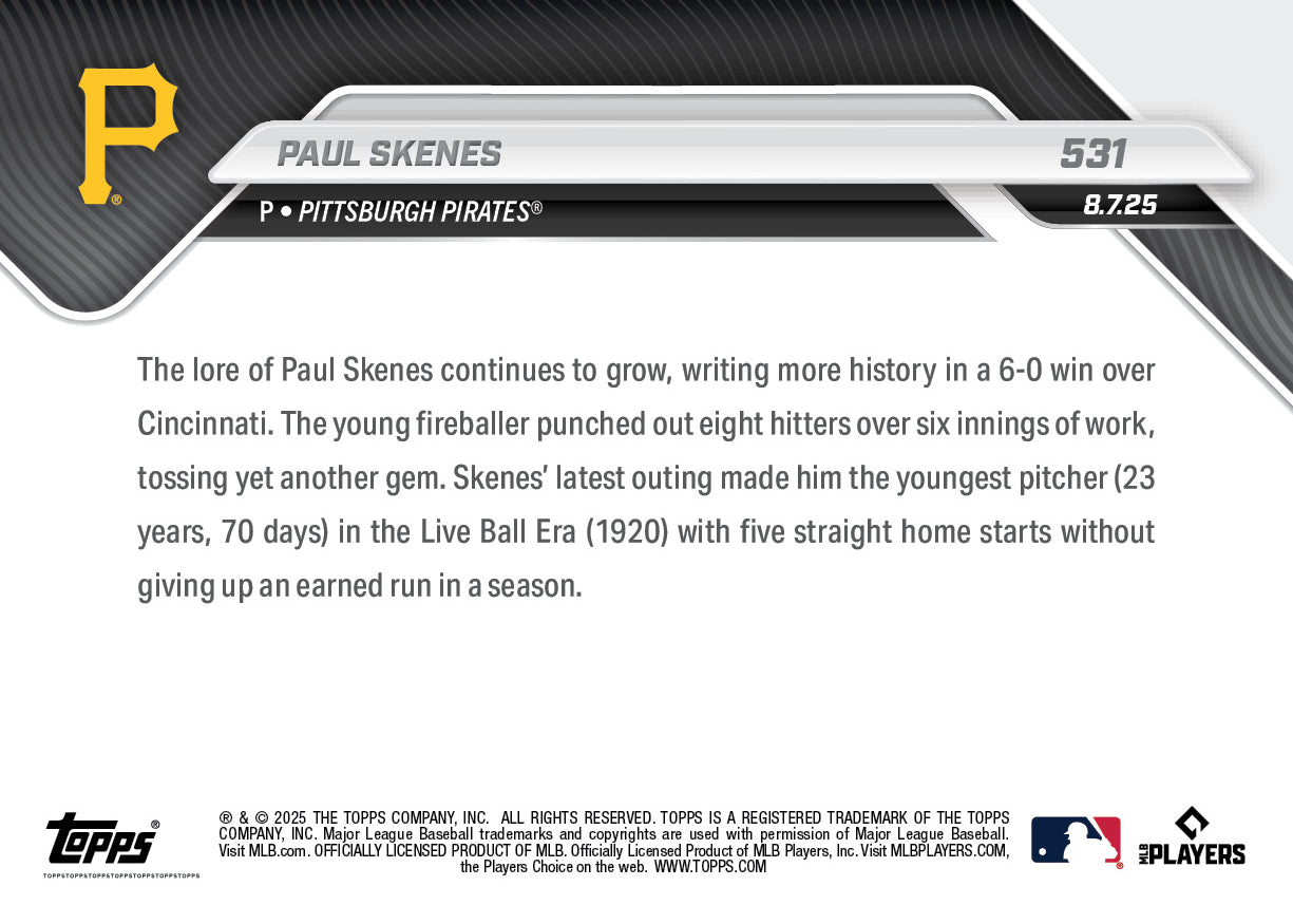 Paul Skenes - 2025 MLB Topps NOW - Card 531 - PR: 3504 - Image 2
