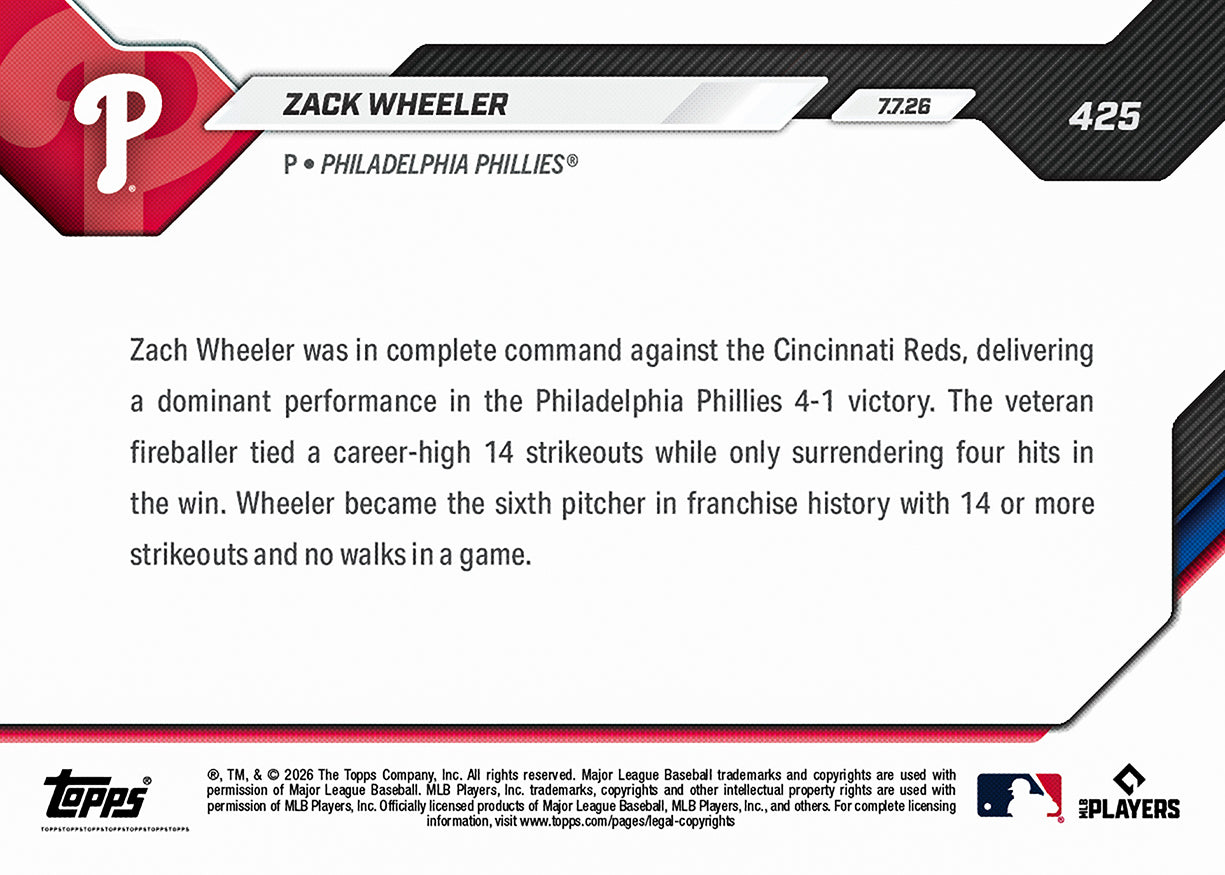 Alternative view of Zack Wheeler - 2026 MLB Topps NOW - Card 425 - PR: 854
