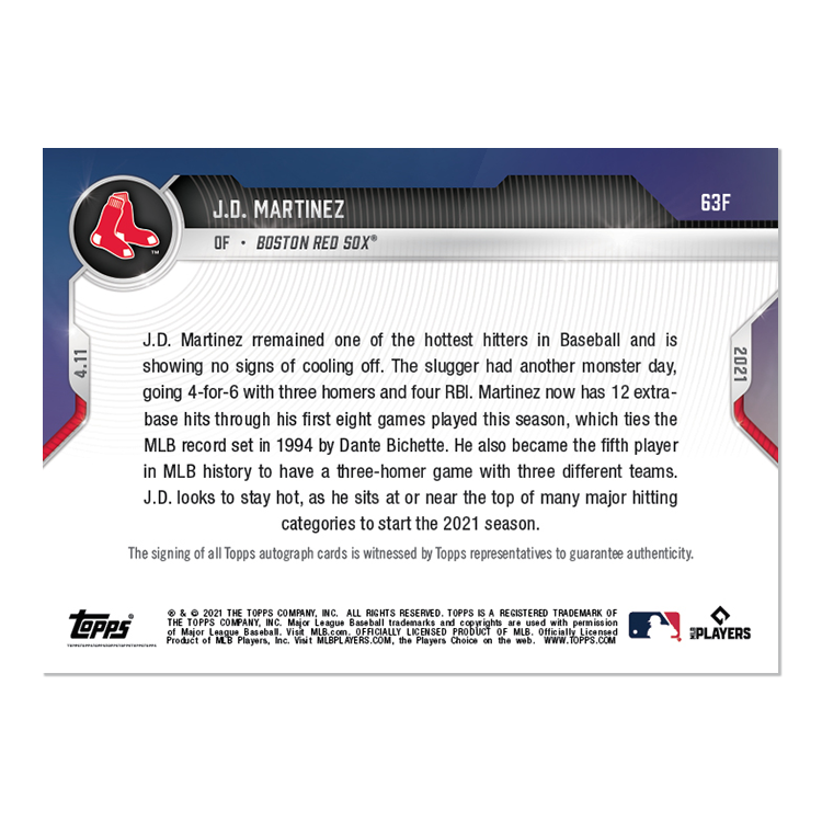 On-Card Auto # to 1 - J.D. Martinez - 2021 MLB TOPPS NOW Card 63F - Image 2