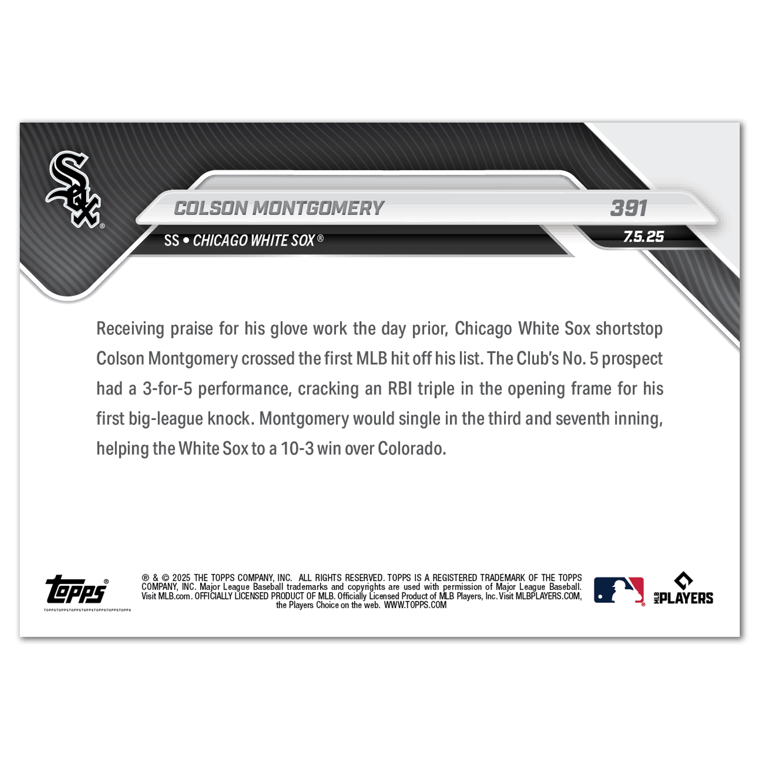 Colson Montgomery - 2025 MLB Topps NOW - Card 391 - PR: 1182 - Image 2