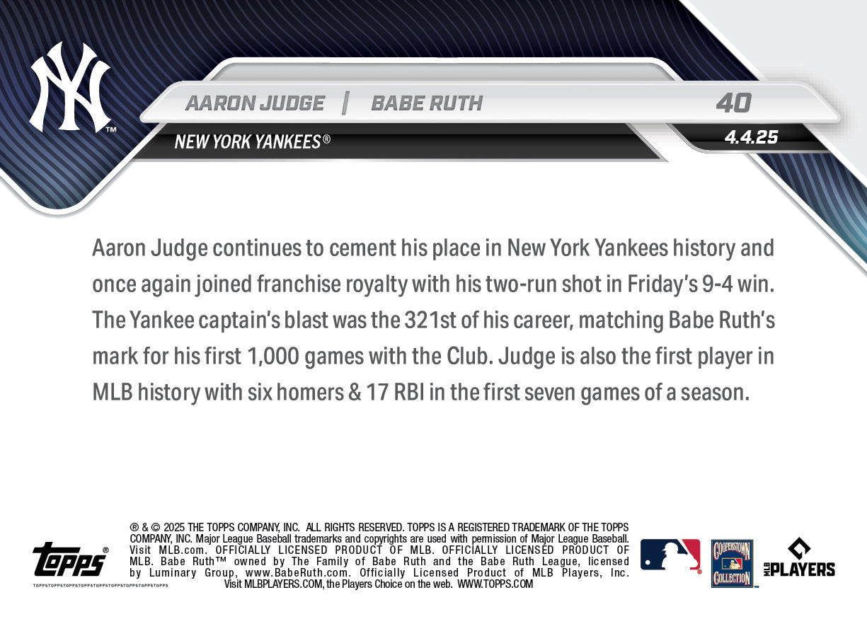 Aaron Judge/Babe Ruth - 2025 MLB Topps NOW - Card 40 - PR: 12,926 - Image 2