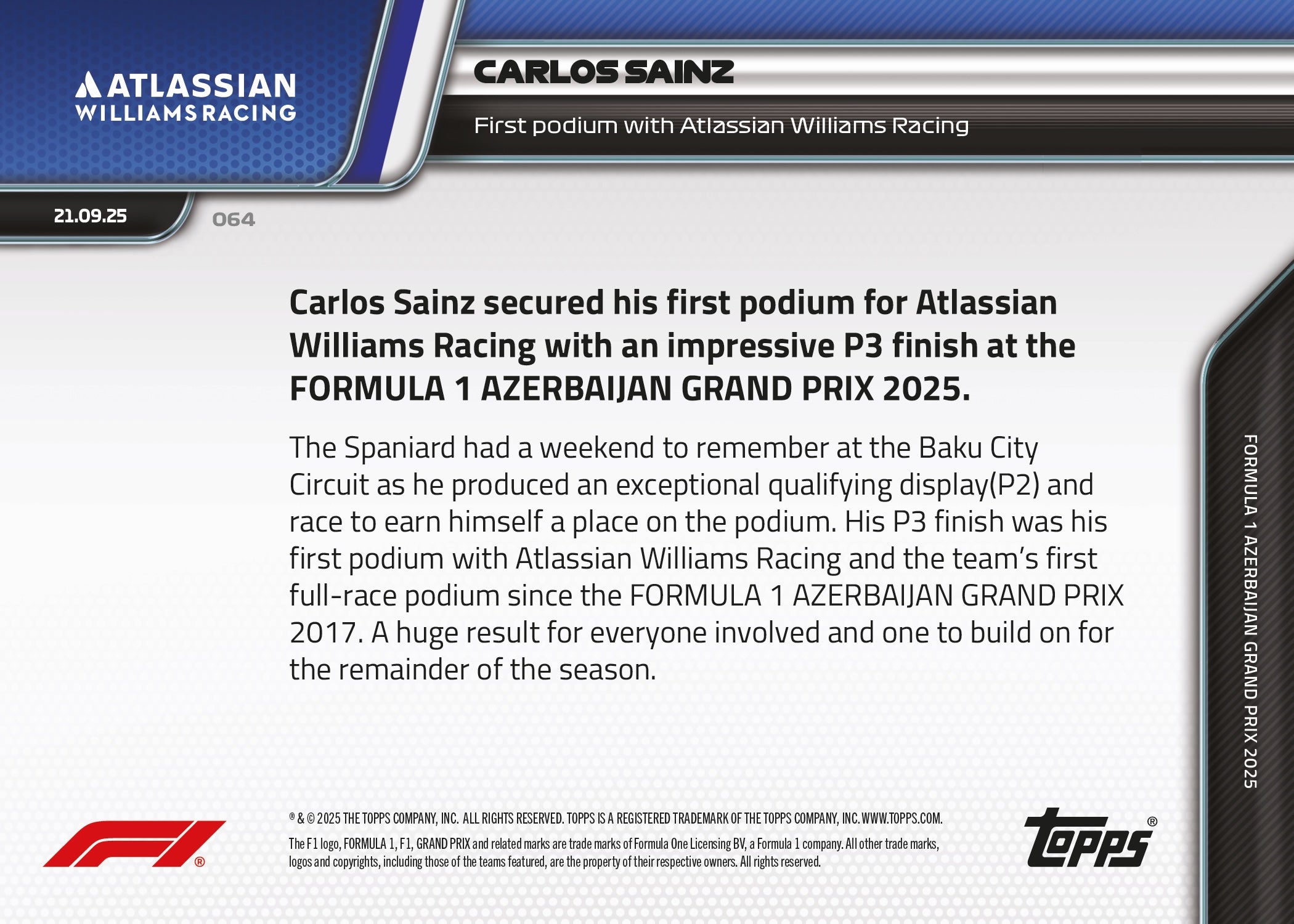 Carlos Sainz - 2025 Formula 1 Topps NOW - Card 64 - PR: 2896 - Image 7